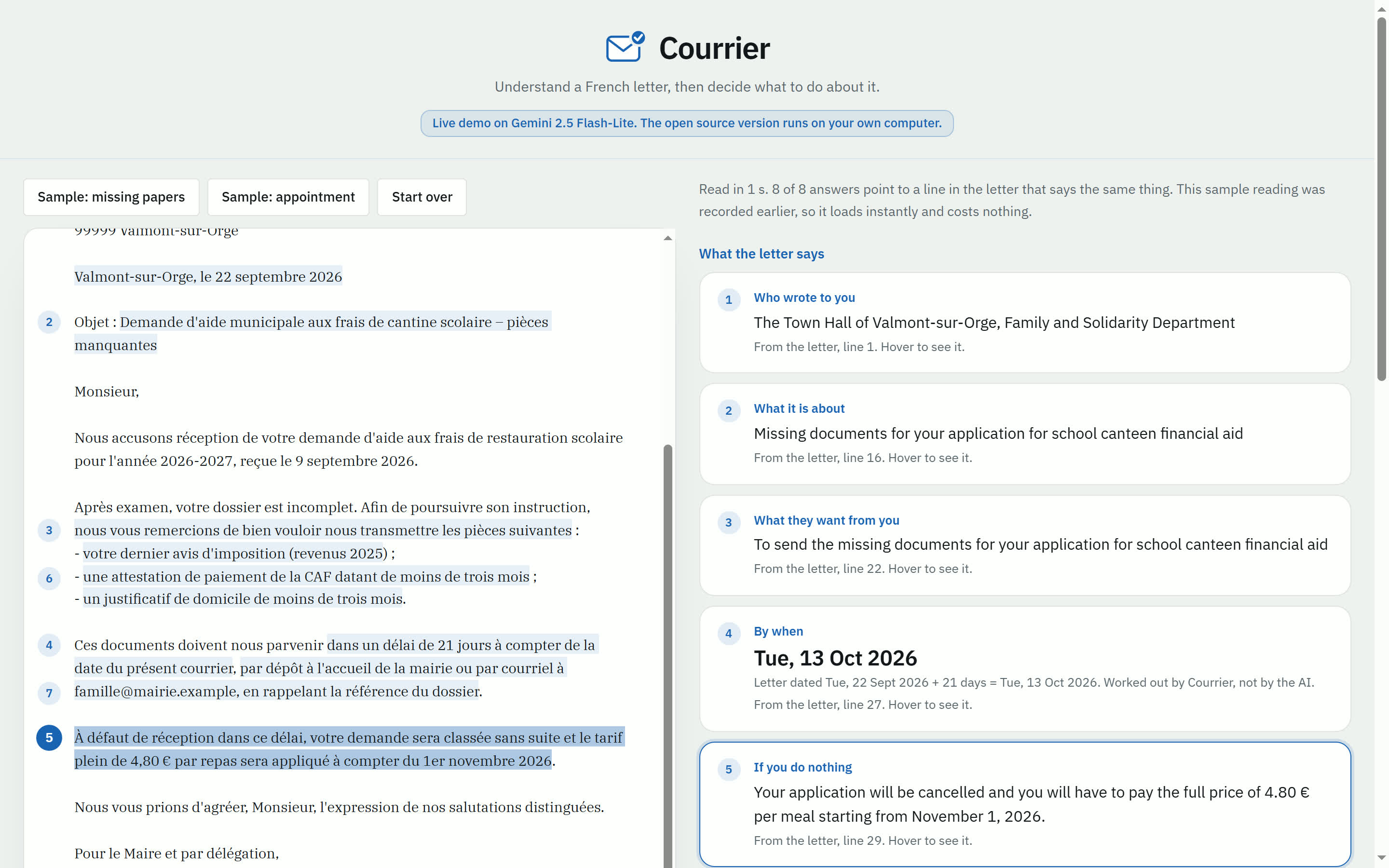 Courrier with its logo, a fictional French letter with numbered pins, and plain English answers beside it