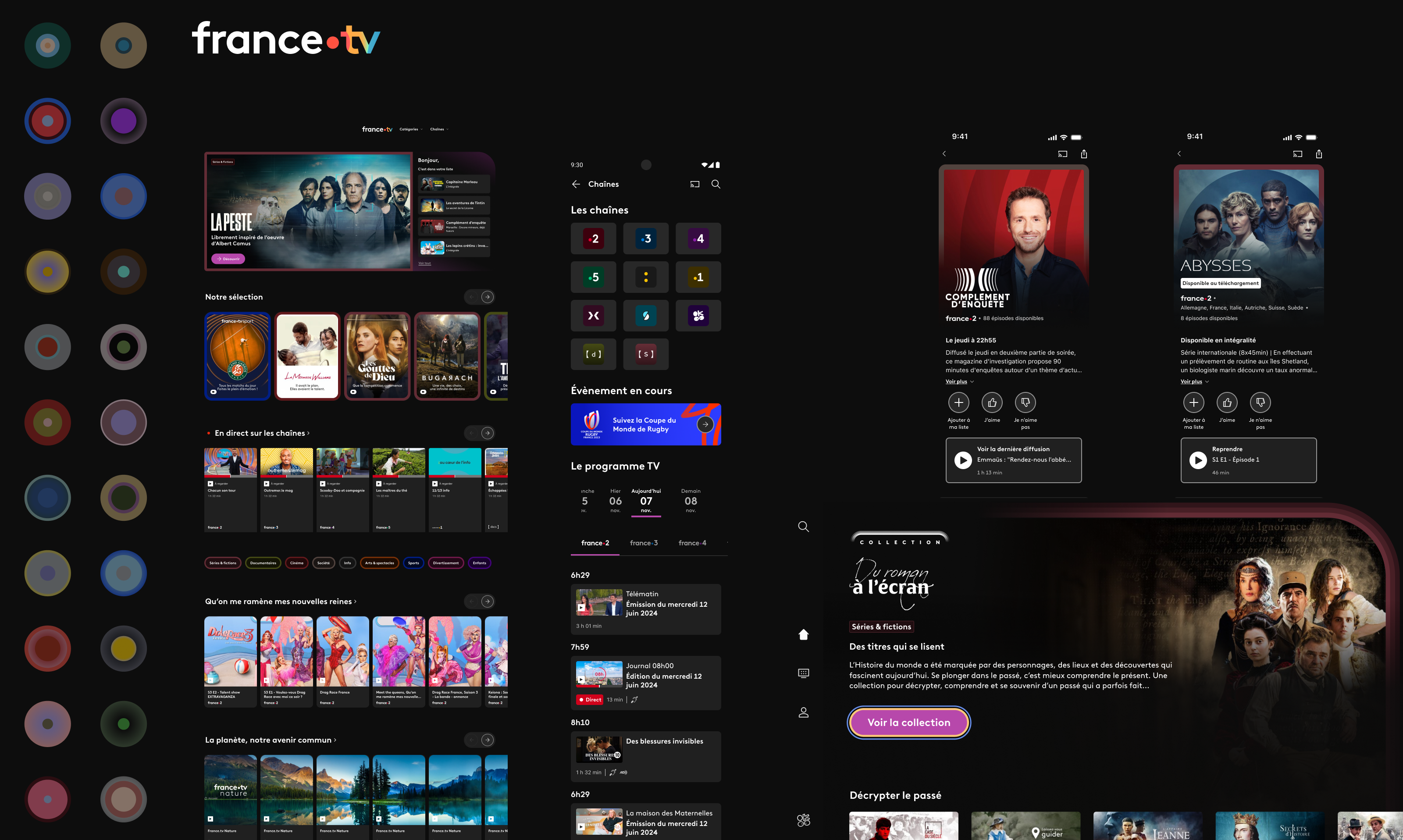 Cross-platform product screens — web, mobile, TV